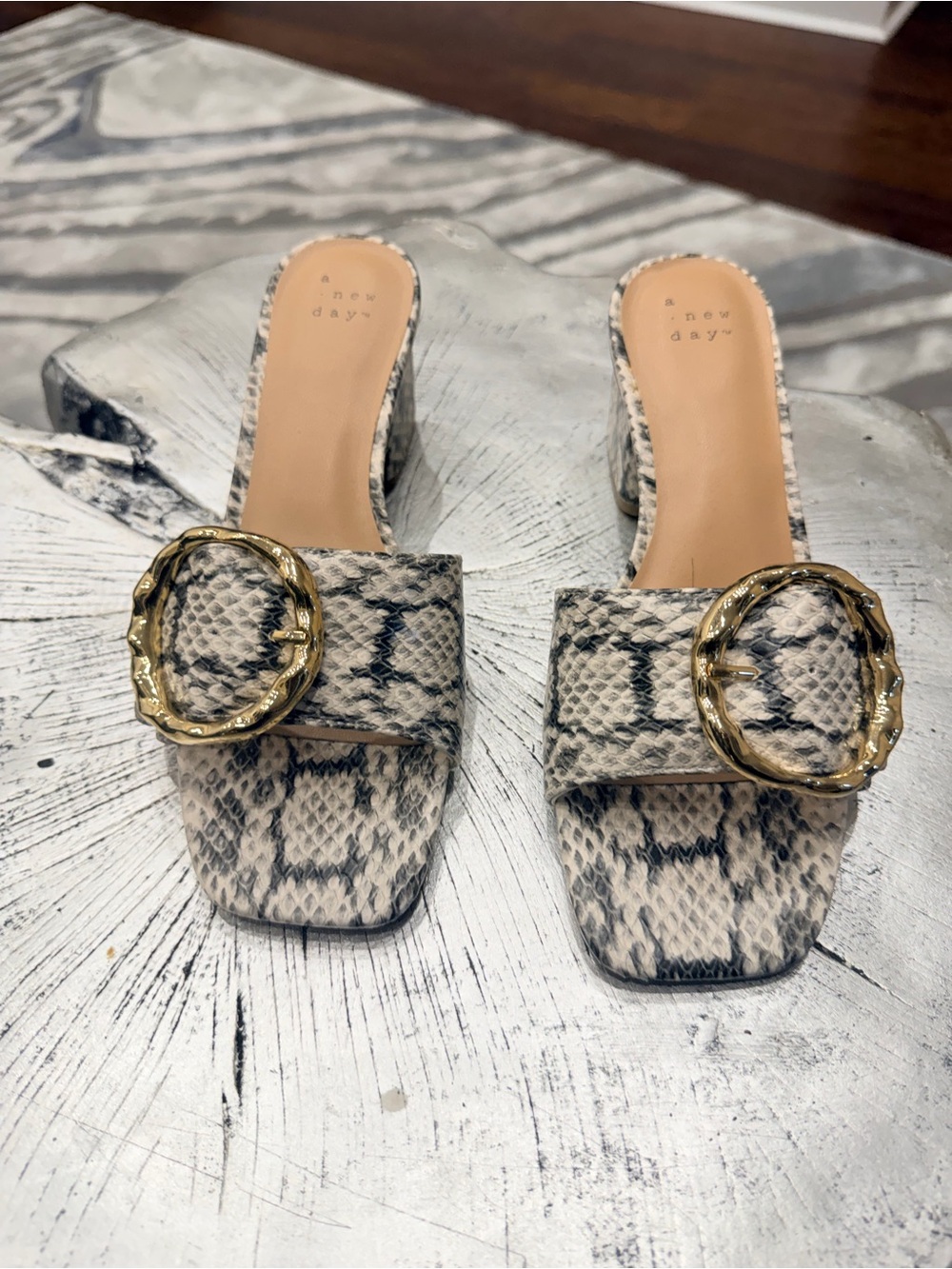 a new day Snake-Print Slide Mules with Gold Buckle